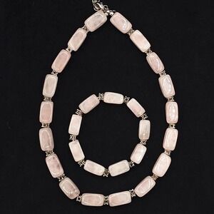 Rose Quartz Necklace and Stretch Bracelet Set Pastel Pink Chunky Feminine Boho